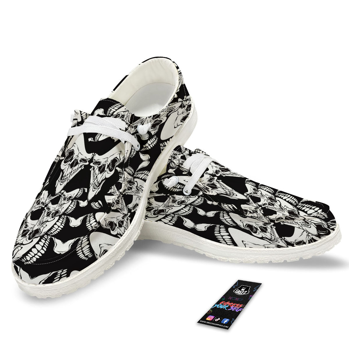 Psychedelic Black And White Skull Print White Loafers-grizzshop