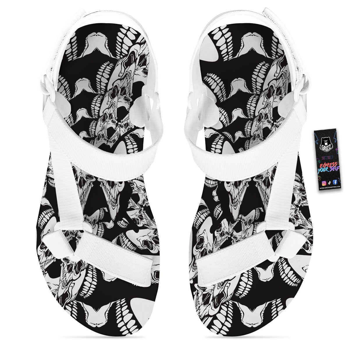 Psychedelic Black And White Skull Print White Open Toe Sandals-grizzshop