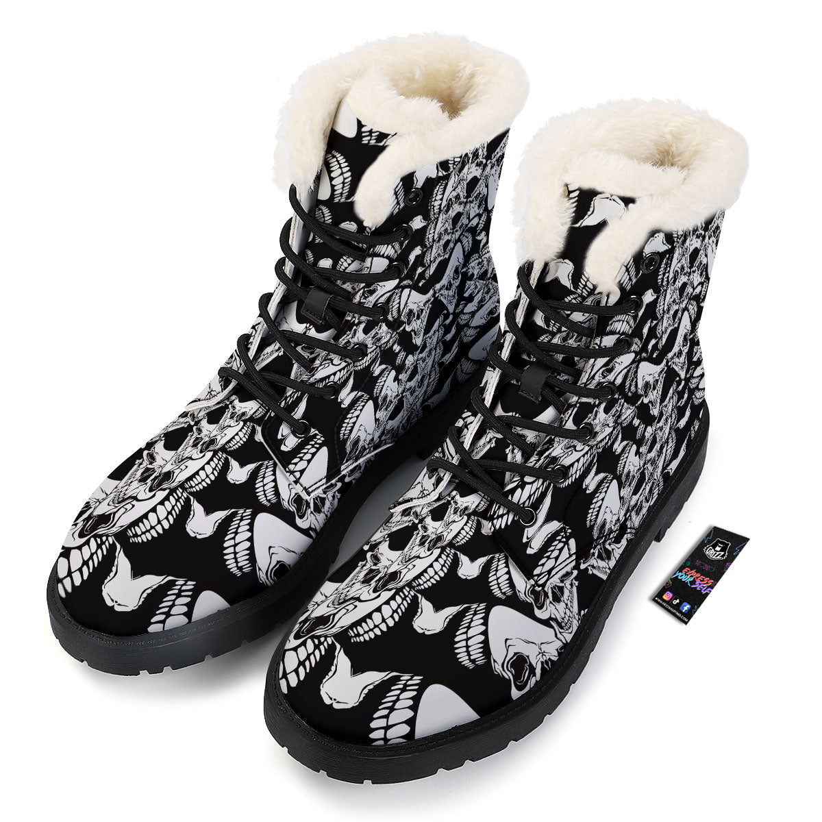 Psychedelic Black And White Skull Print Winter Boots-grizzshop