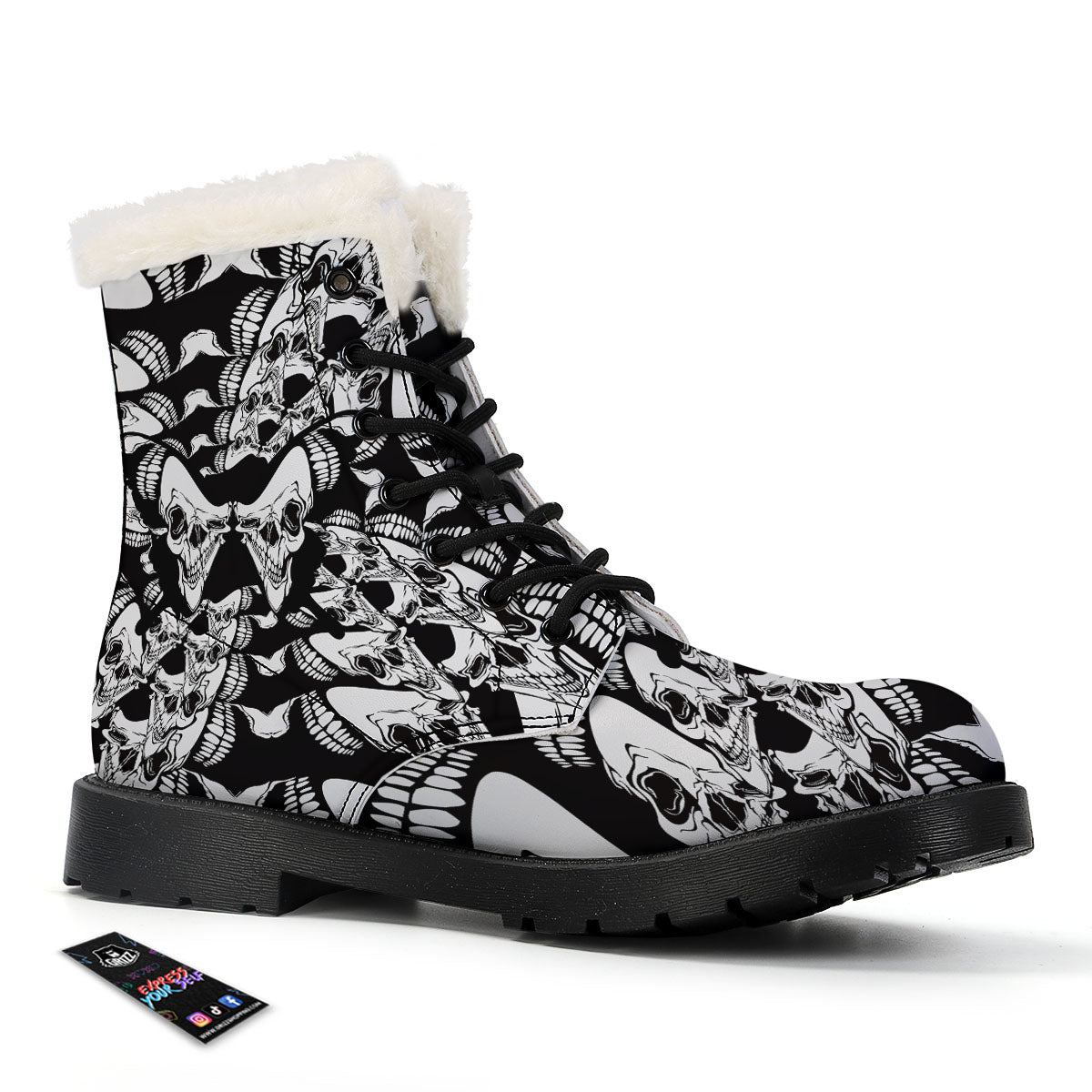 Psychedelic Black And White Skull Print Winter Boots-grizzshop