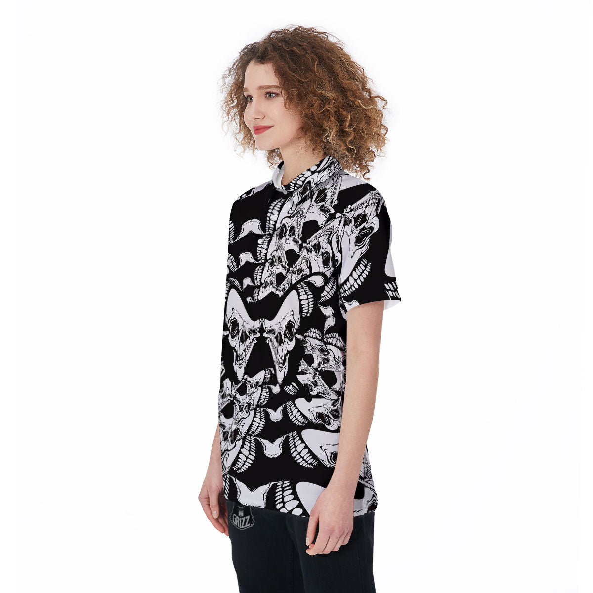 Psychedelic Black And White Skull Print Women's Golf Shirts-grizzshop