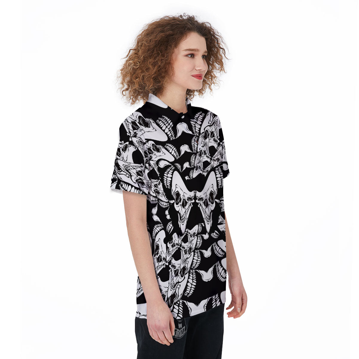 Psychedelic Black And White Skull Print Women's Golf Shirts-grizzshop