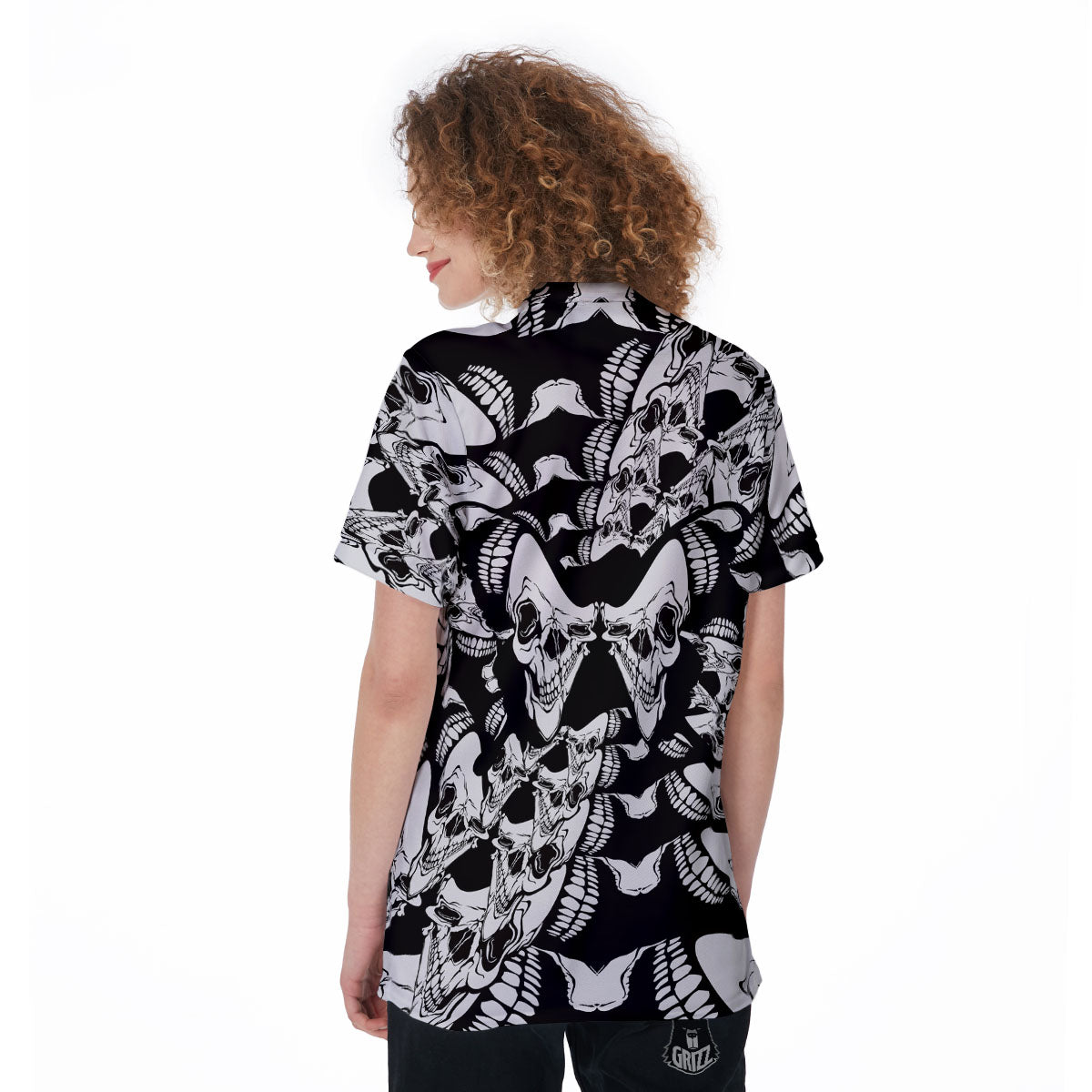 Psychedelic Black And White Skull Print Women's Golf Shirts-grizzshop