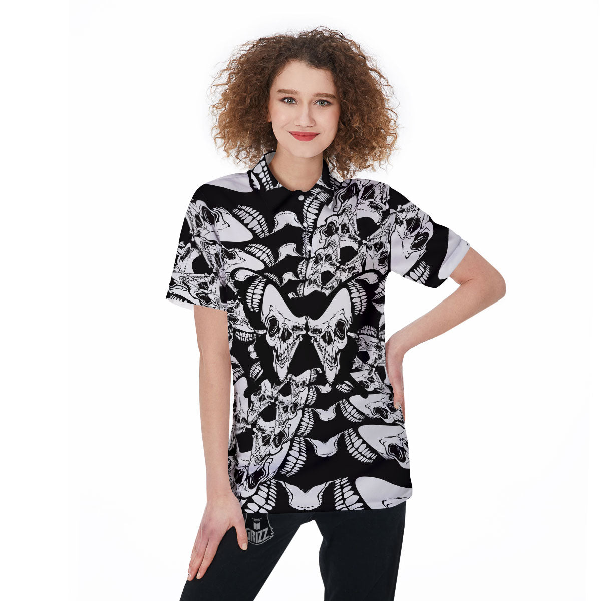 Psychedelic Black And White Skull Print Women's Golf Shirts-grizzshop