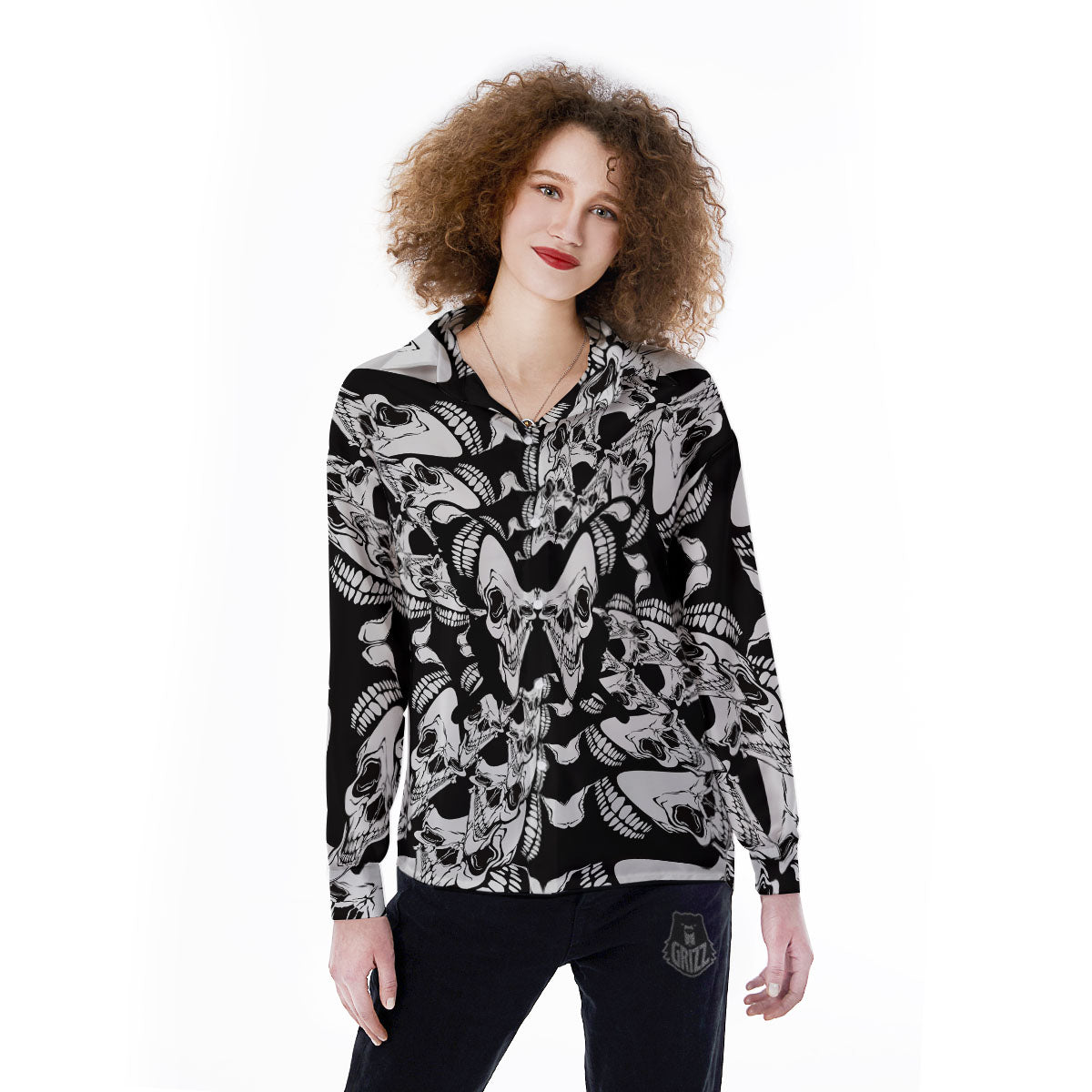 Psychedelic Black And White Skull Print Women's Long Sleeve Shirts-grizzshop