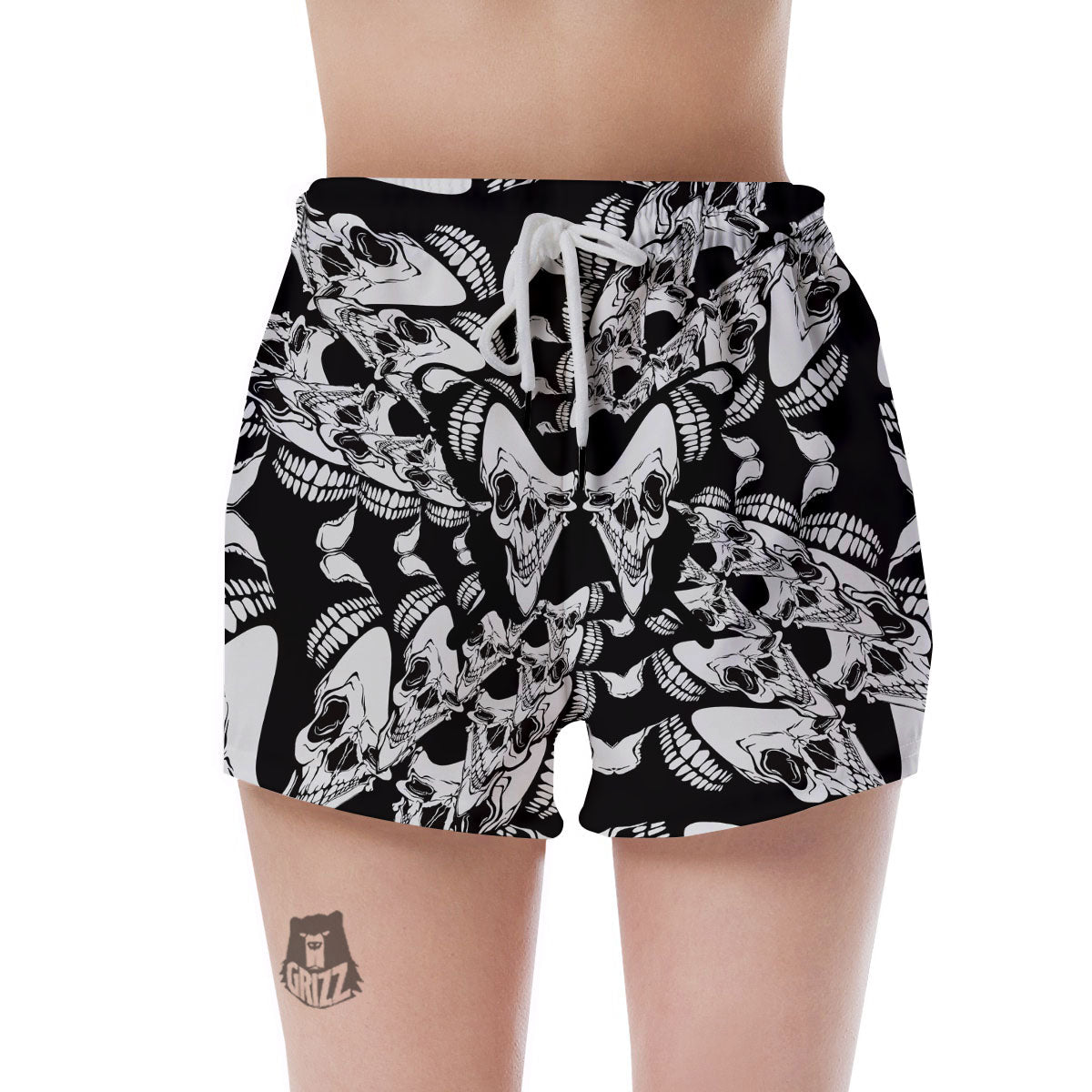 Psychedelic Black And White Skull Print Women's Shorts-grizzshop