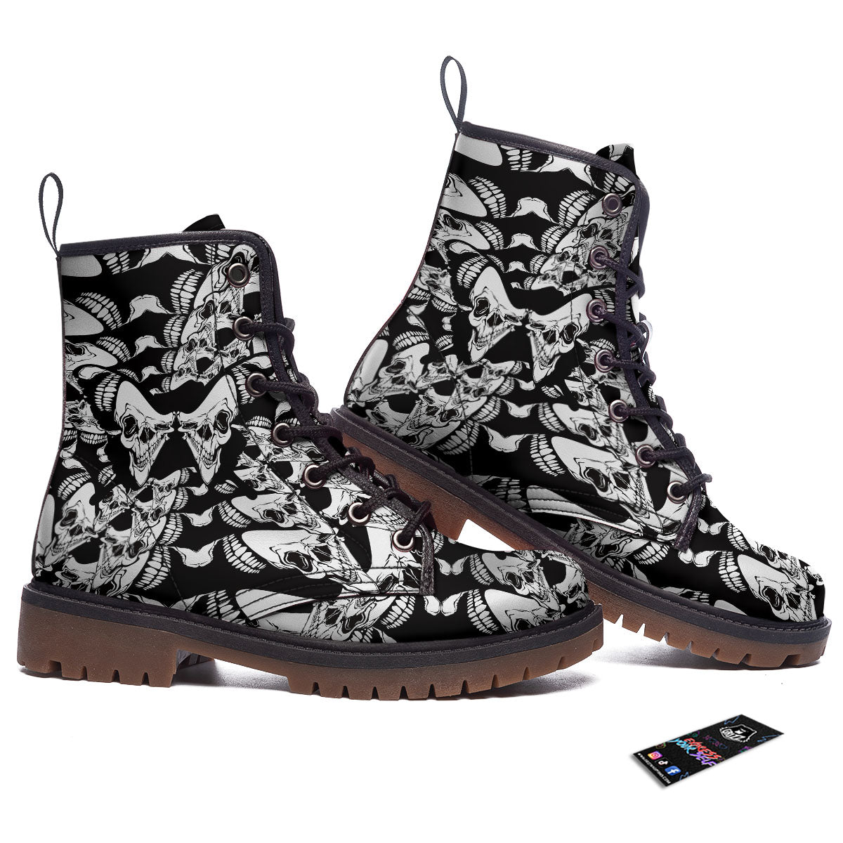 Psychedelic Black And White Skull Print Work Boots-grizzshop