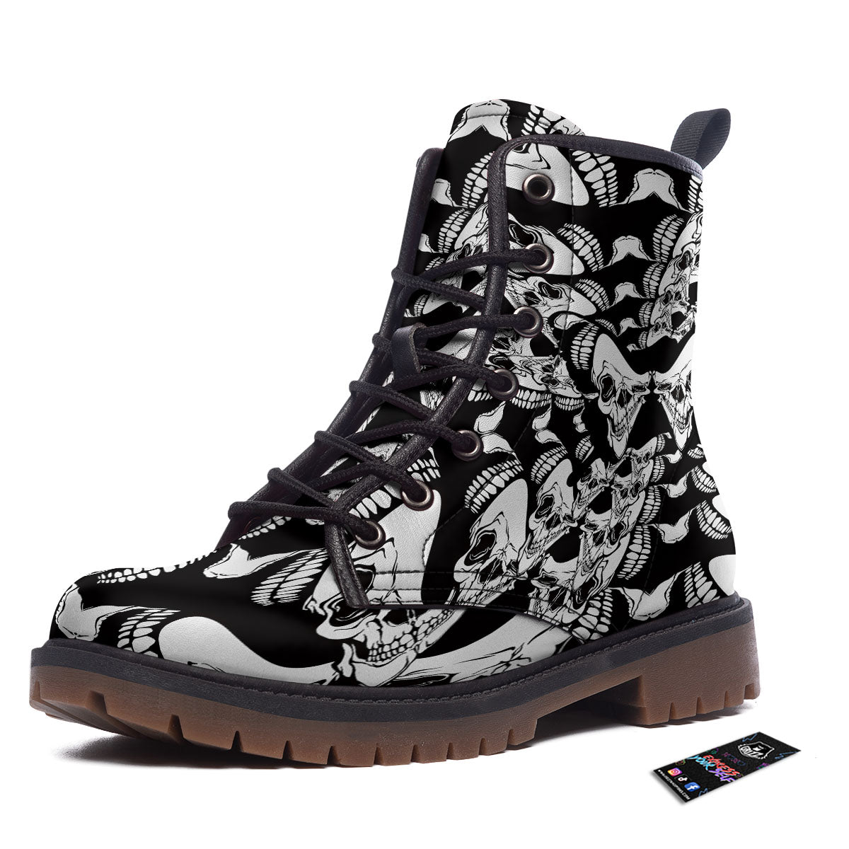 Psychedelic Black And White Skull Print Work Boots-grizzshop