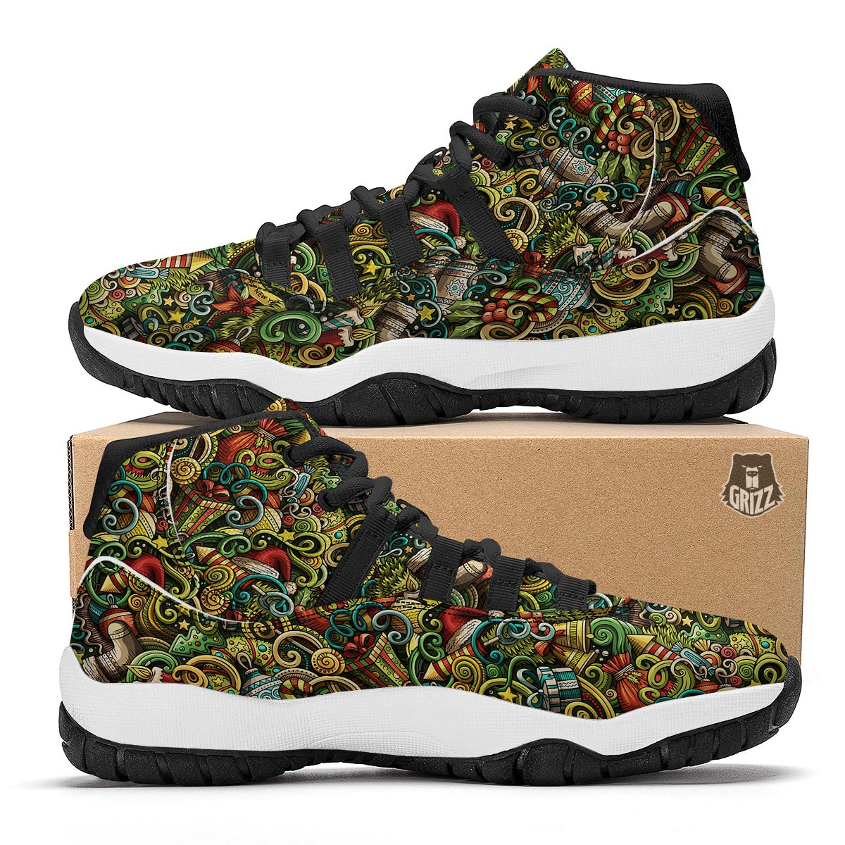 Psychedelic Christmas Pattern Print Black Bball Shoes-grizzshop