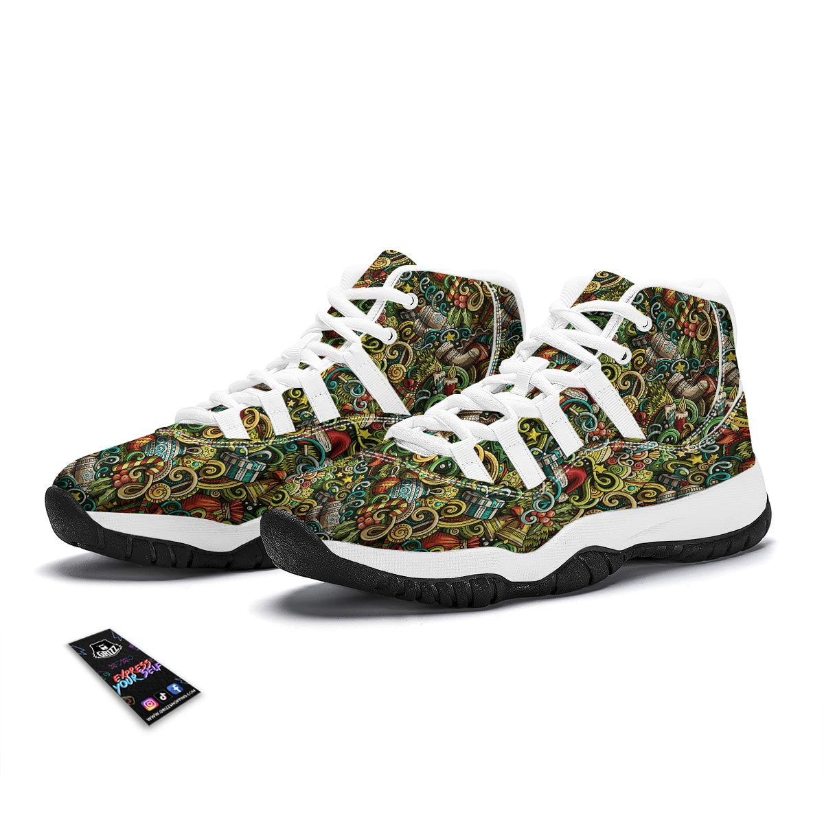 Psychedelic Christmas Pattern Print White Bball Shoes-grizzshop
