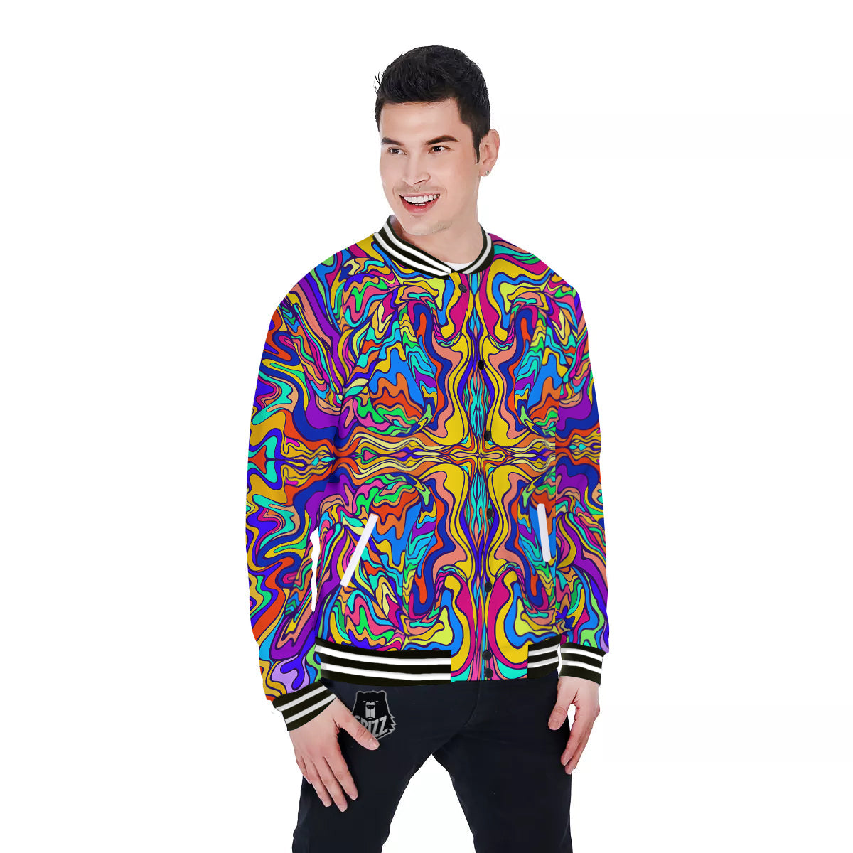Psychedelic Colorful Fractal Mirror Print Baseball Jacket-grizzshop