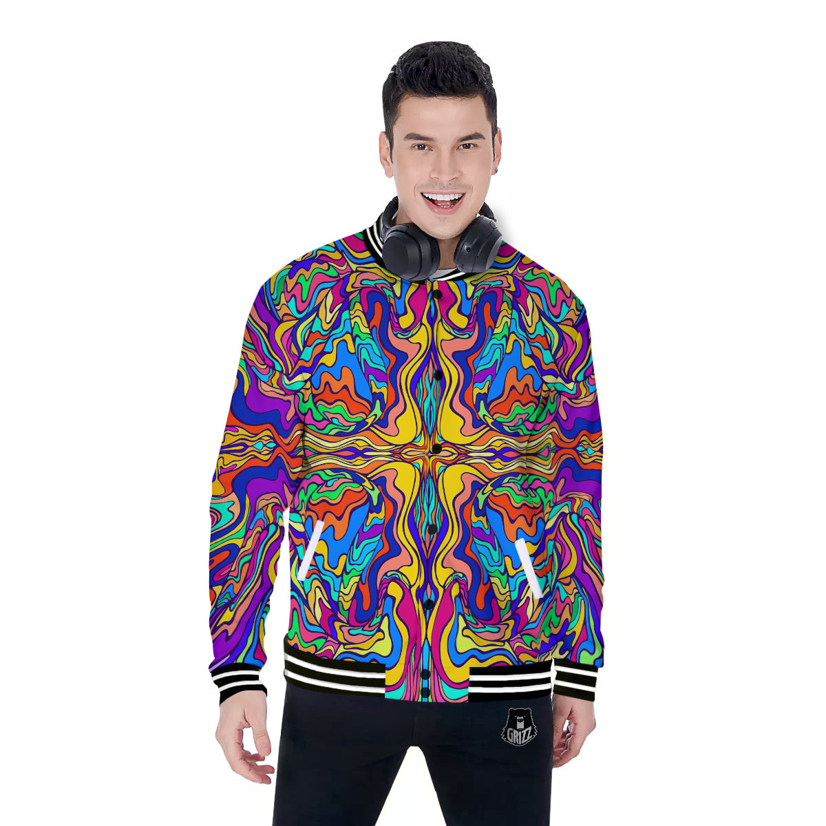 Psychedelic Colorful Fractal Mirror Print Baseball Jacket-grizzshop