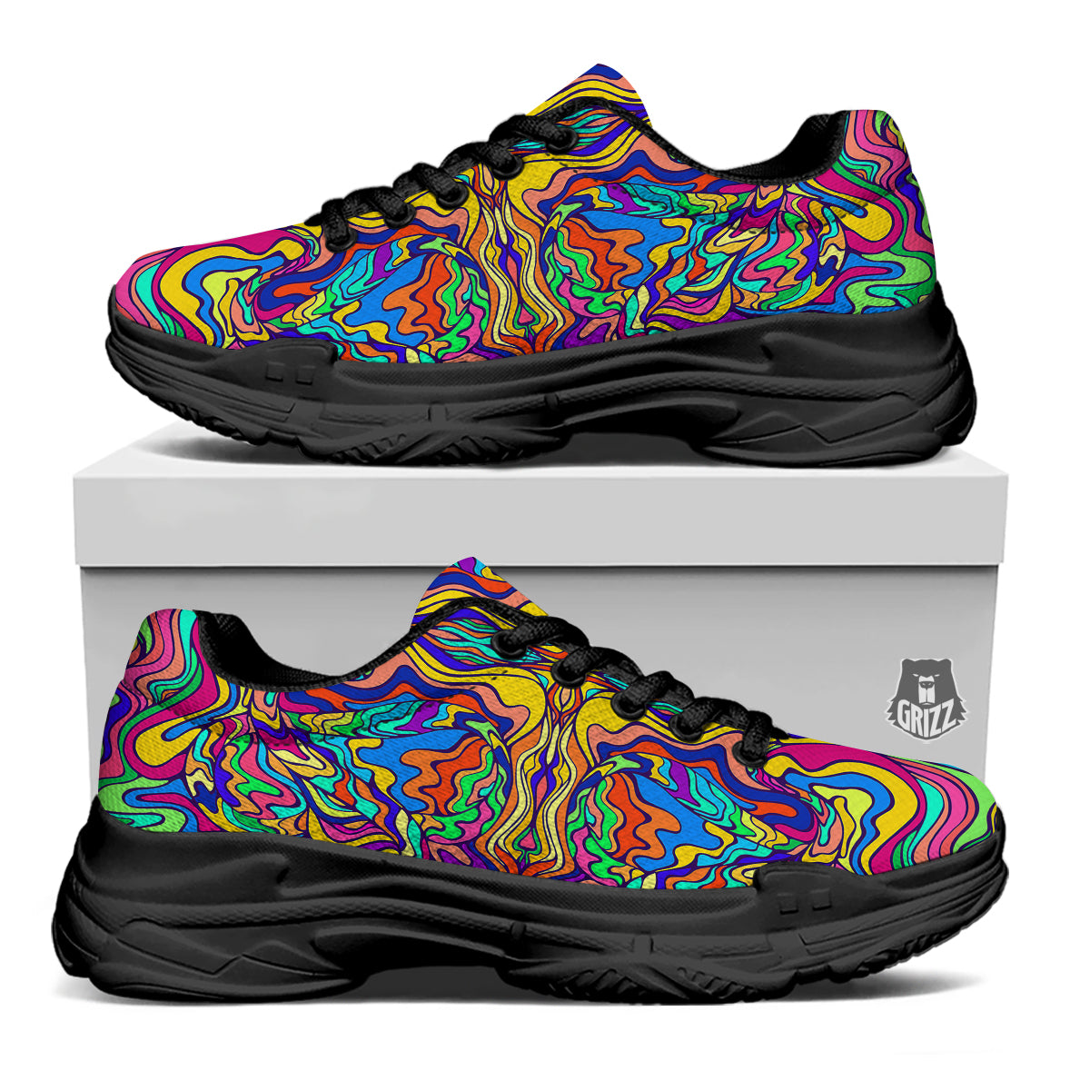 Psychedelic Colorful Fractal Mirror Print Black Chunky Shoes-grizzshop