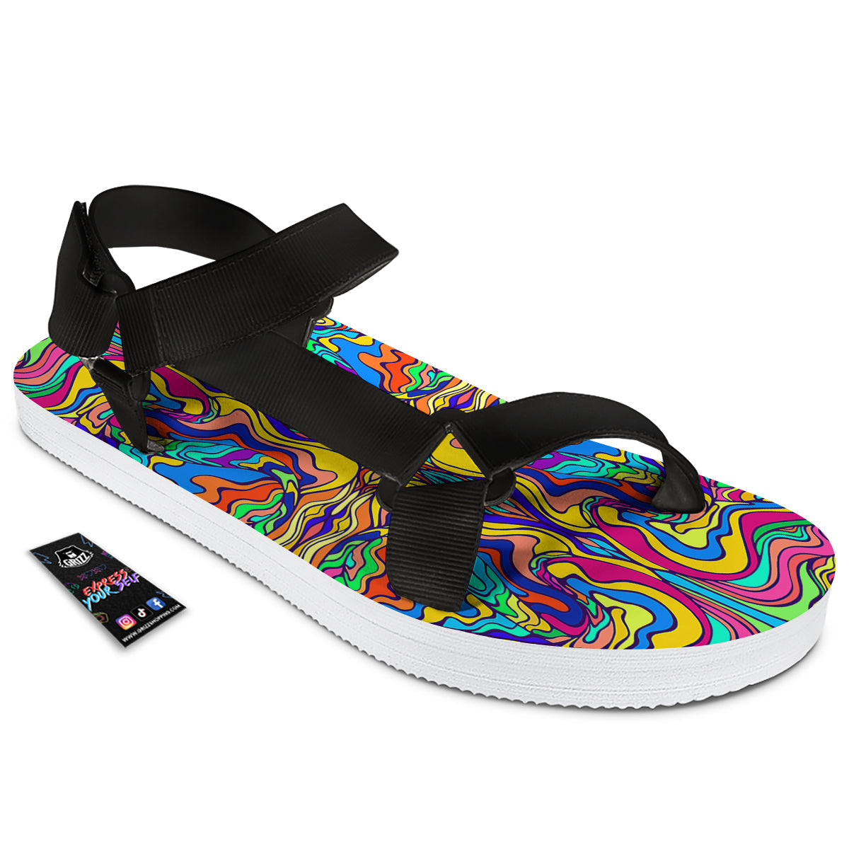 Psychedelic Colorful Fractal Mirror Print Black Open Toe Sandals-grizzshop