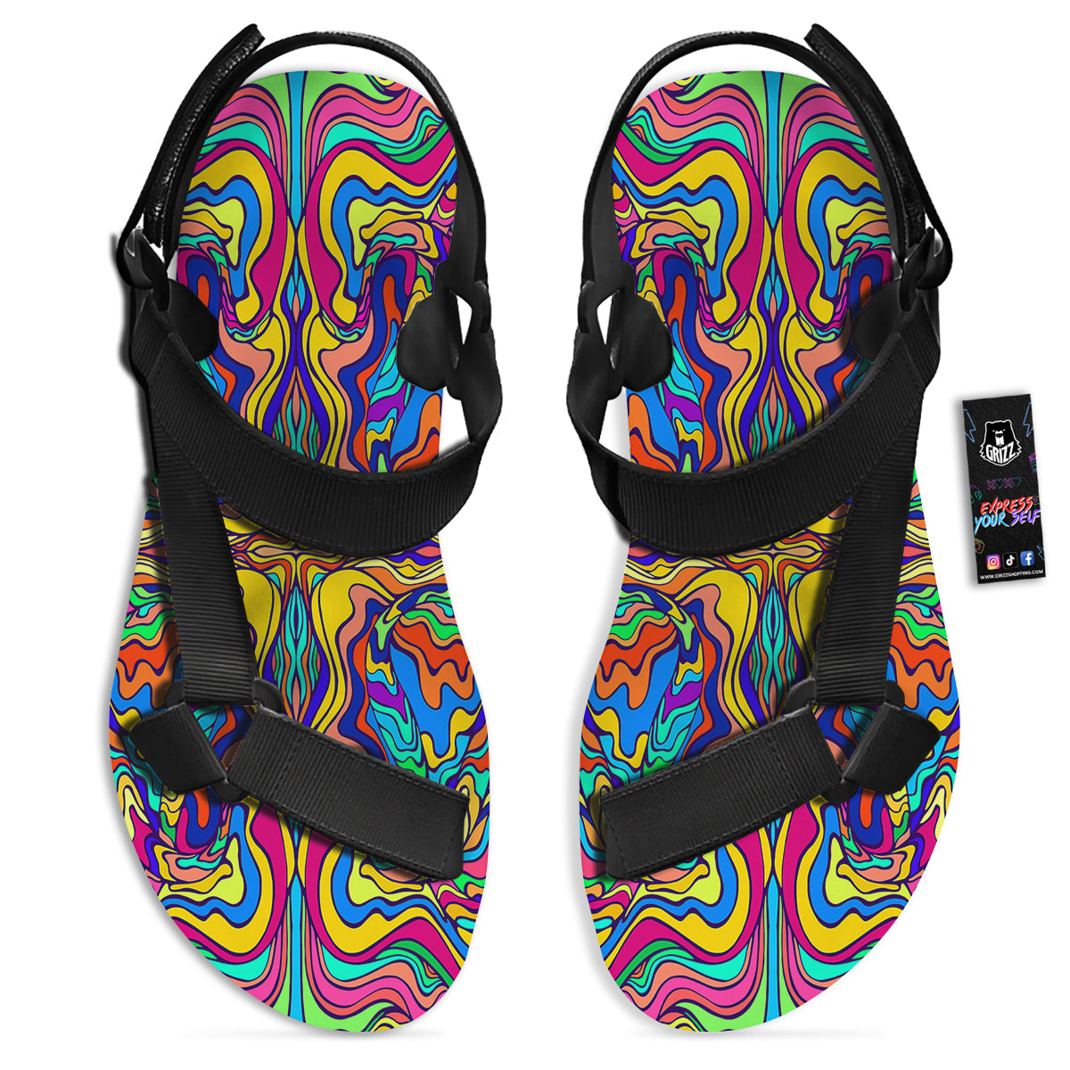 Psychedelic Colorful Fractal Mirror Print Black Open Toe Sandals-grizzshop
