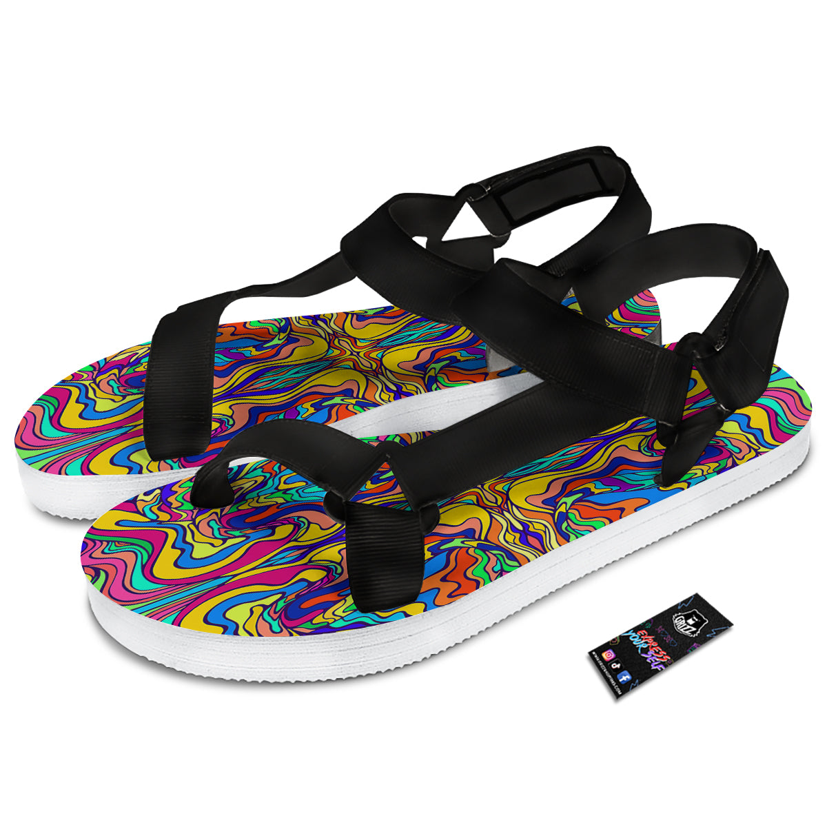 Psychedelic Colorful Fractal Mirror Print Black Open Toe Sandals-grizzshop