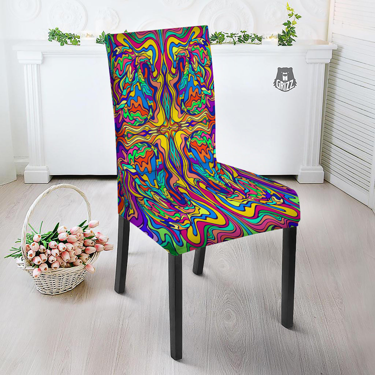 Psychedelic Colorful Fractal Mirror Print Dining Chair Slipcover-grizzshop