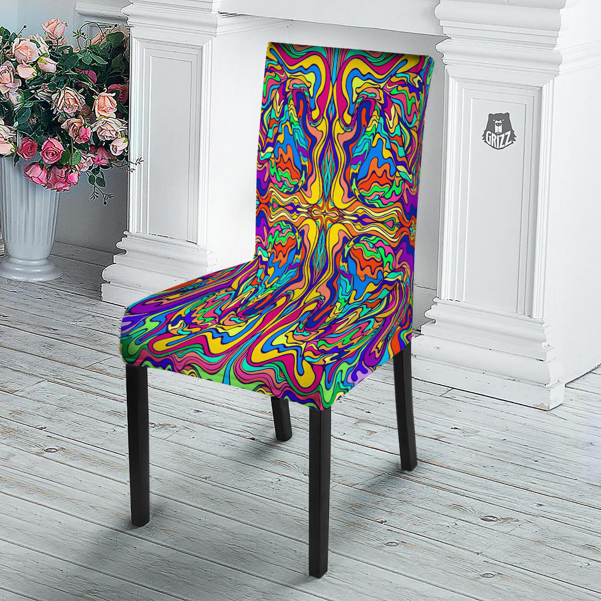 Psychedelic Colorful Fractal Mirror Print Dining Chair Slipcover-grizzshop