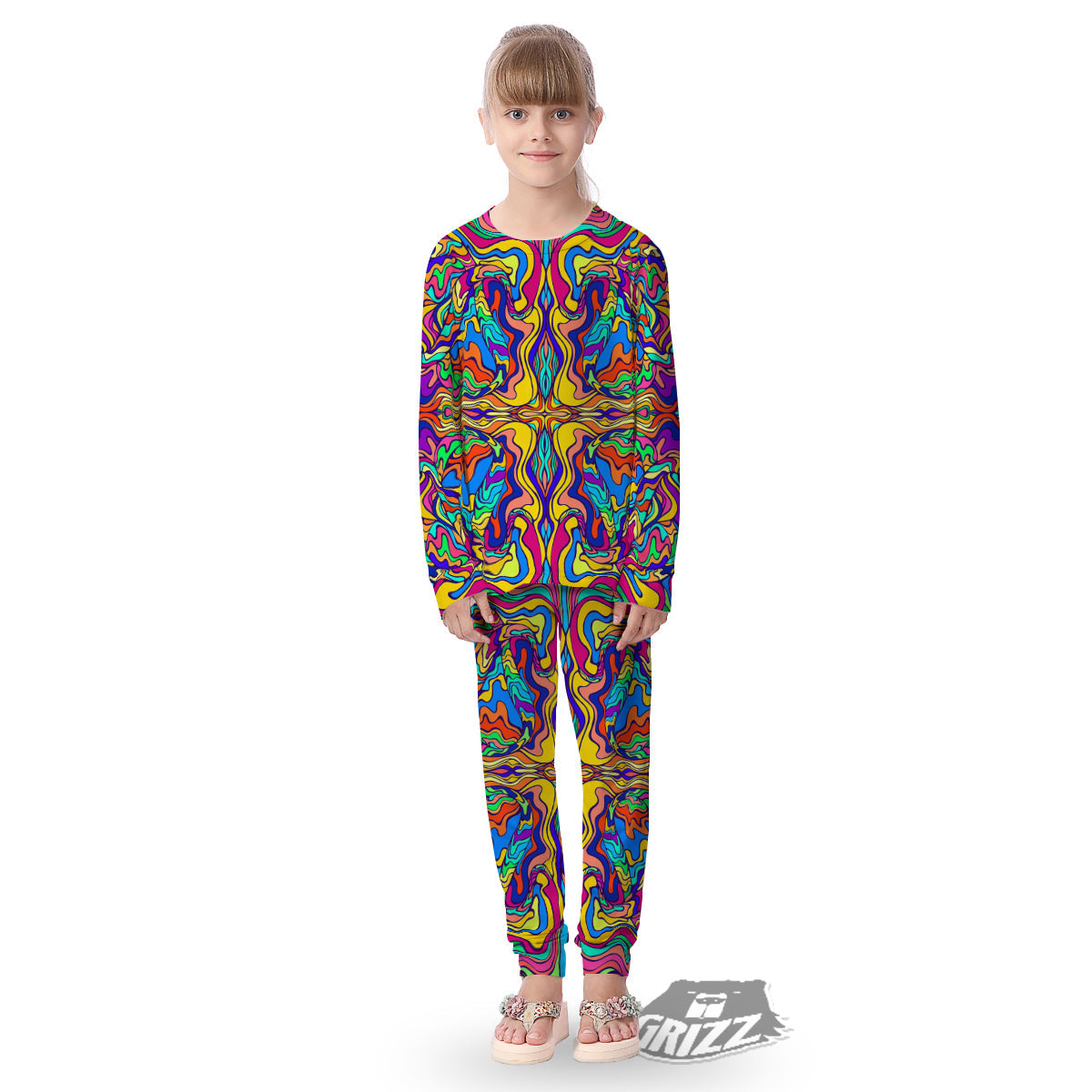 Psychedelic Colorful Fractal Mirror Print Kid's Pajamas-grizzshop