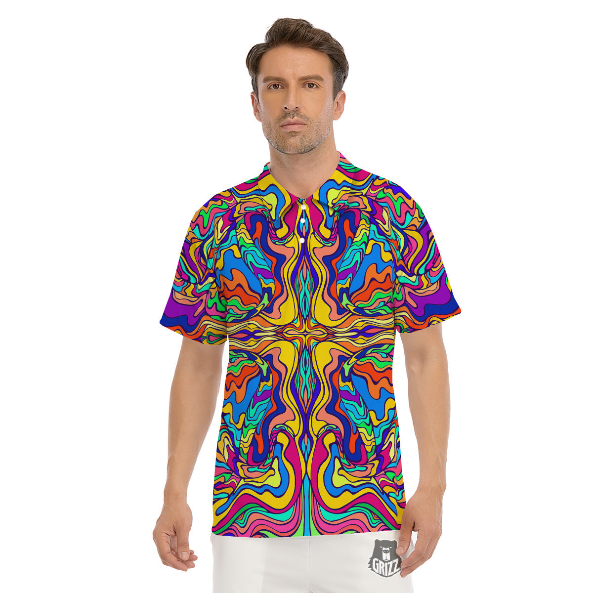Psychedelic Colorful Fractal Mirror Print Men's Golf Shirts-grizzshop