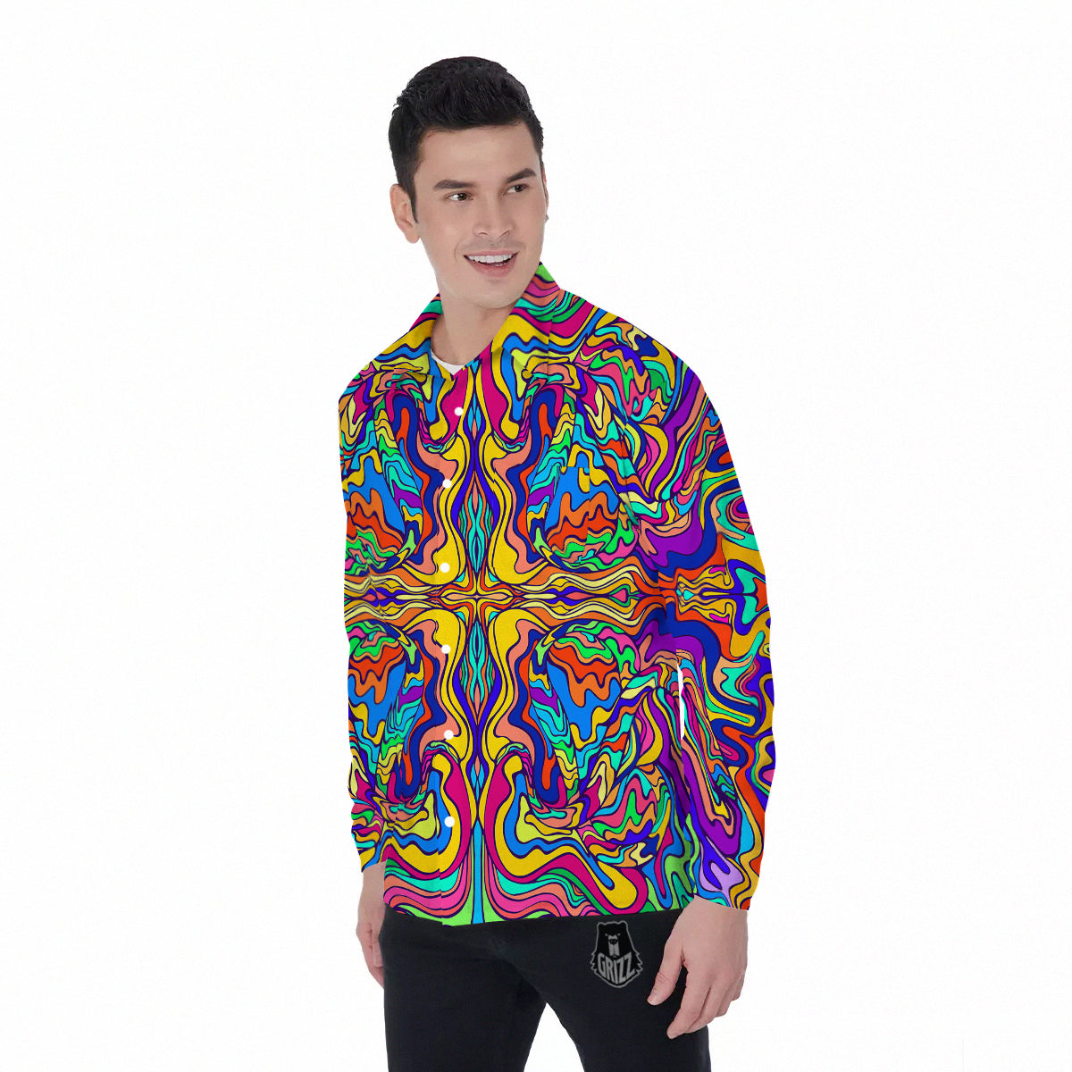 Psychedelic Colorful Fractal Mirror Print Men's Long Sleeve Shirts-grizzshop