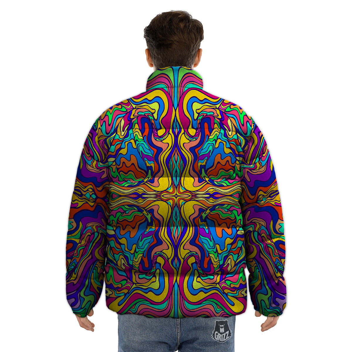 Psychedelic Colorful Fractal Mirror Print Puffer Jacket-grizzshop