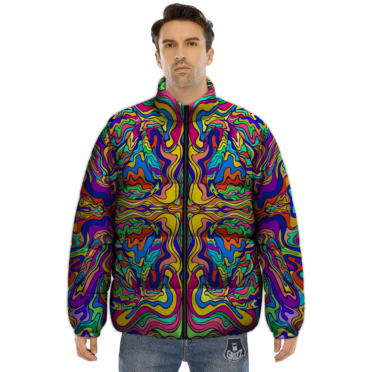 Psychedelic Colorful Fractal Mirror Print Puffer Jacket-grizzshop