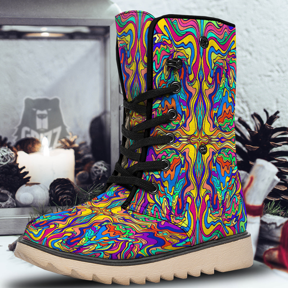 Psychedelic Colorful Fractal Mirror Print Snow Boots-grizzshop
