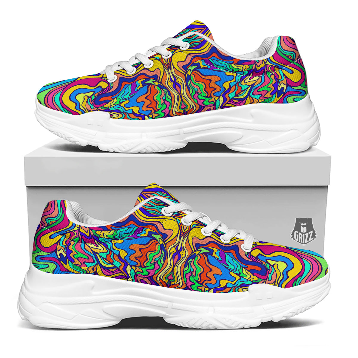 Psychedelic Colorful Fractal Mirror Print White Chunky Shoes-grizzshop
