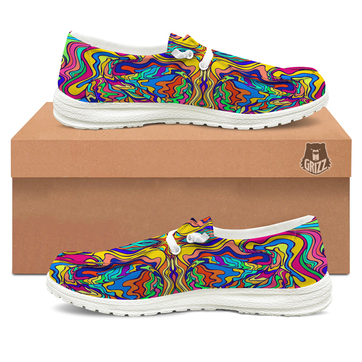 Psychedelic Colorful Fractal Mirror Print White Loafers-grizzshop