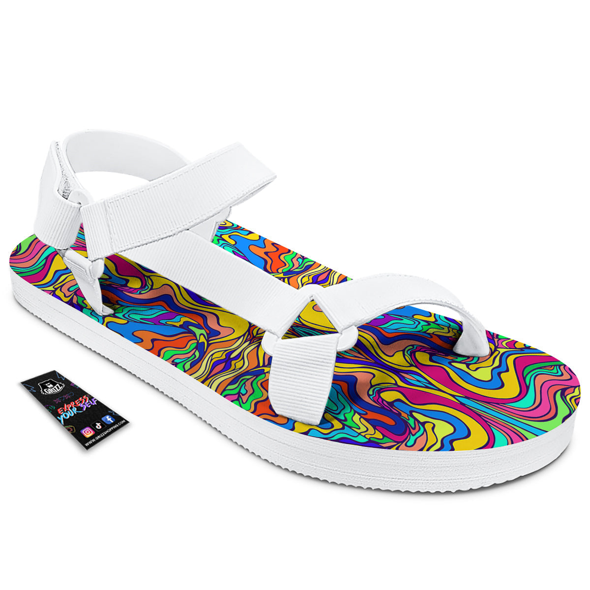 Psychedelic Colorful Fractal Mirror Print White Open Toe Sandals-grizzshop