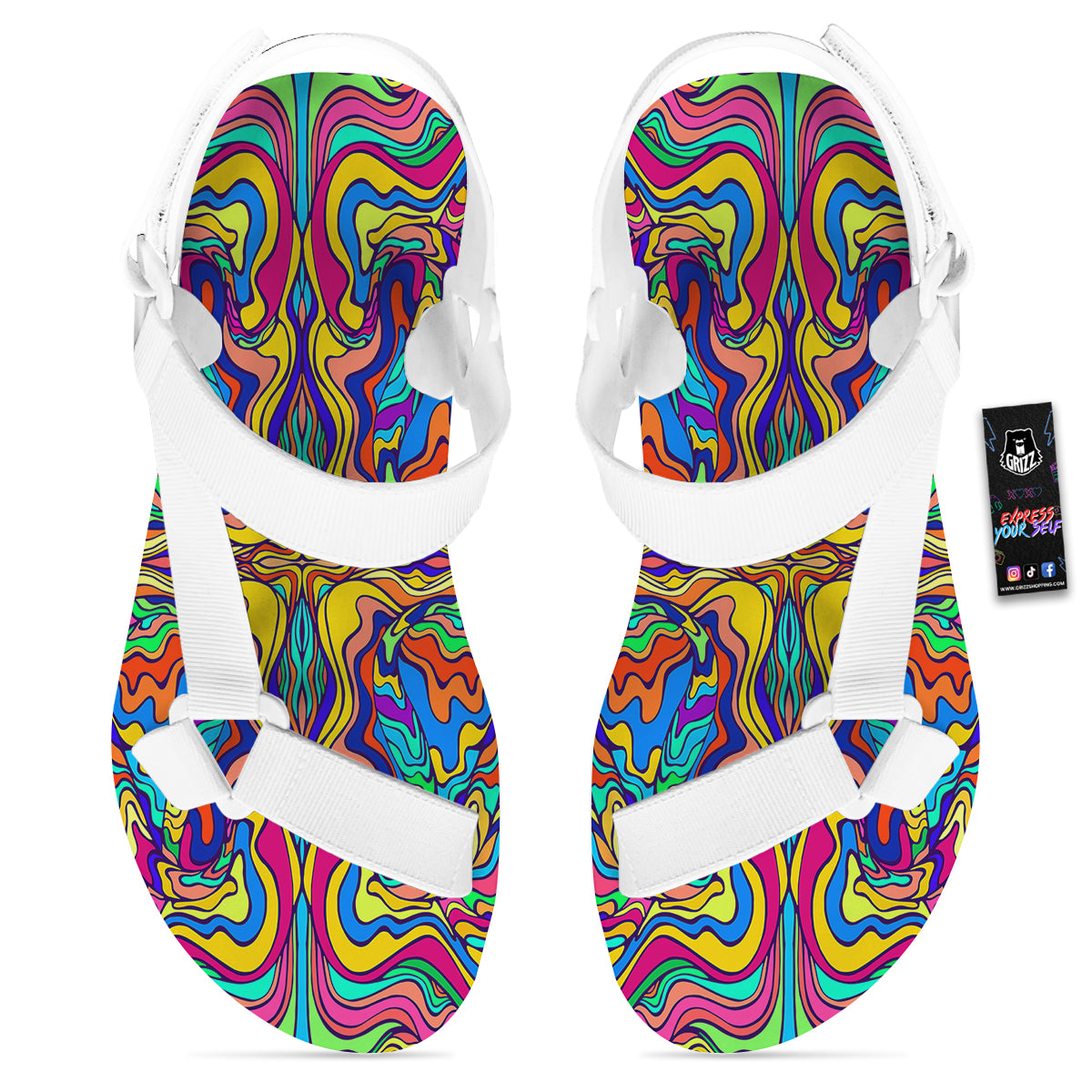 Psychedelic Colorful Fractal Mirror Print White Open Toe Sandals-grizzshop