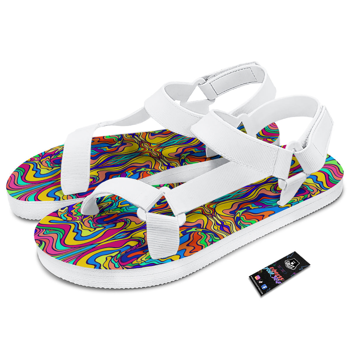 Psychedelic Colorful Fractal Mirror Print White Open Toe Sandals-grizzshop