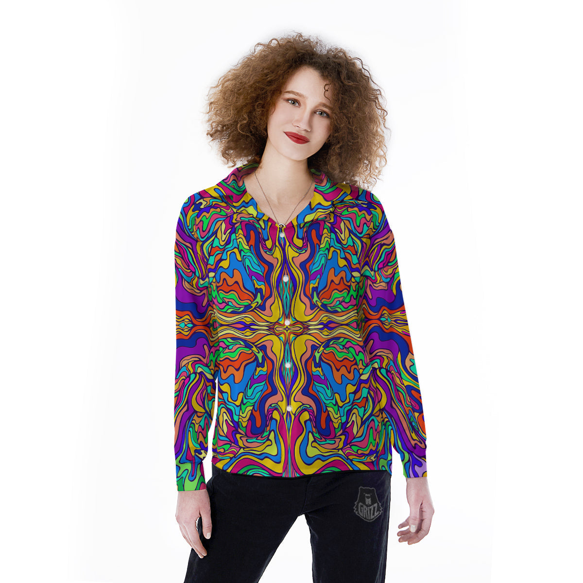 Psychedelic Colorful Fractal Mirror Print Women's Long Sleeve Shirts-grizzshop