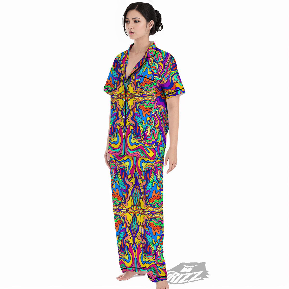 Psychedelic Colorful Fractal Mirror Print Women's Pajamas Set-grizzshop