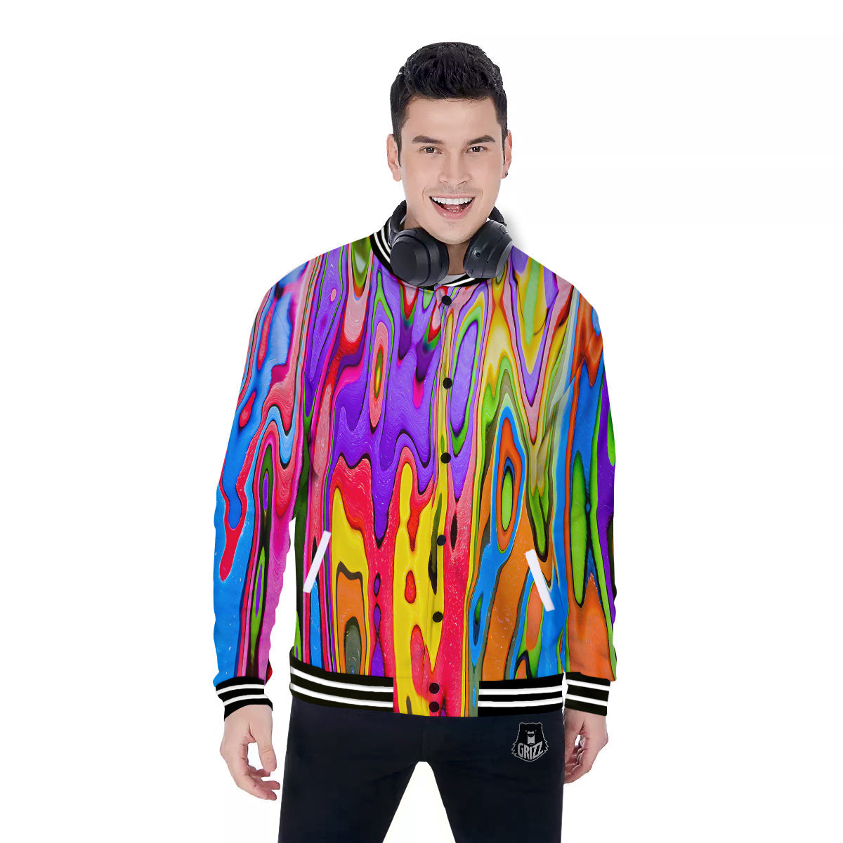 Psychedelic Colorful Print Baseball Jacket-grizzshop