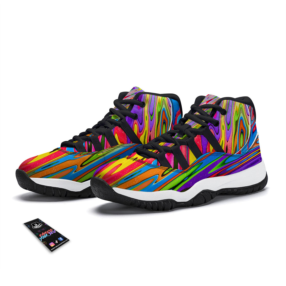 Psychedelic Colorful Print Black Bball Shoes-grizzshop