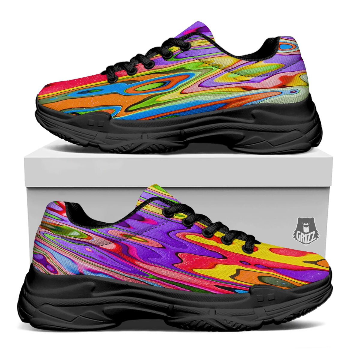 Psychedelic Colorful Print Black Chunky Shoes-grizzshop