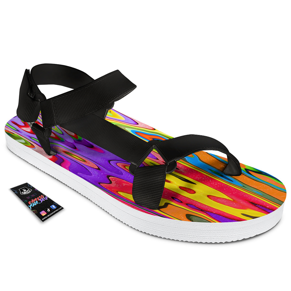 Psychedelic Colorful Print Black Open Toe Sandals-grizzshop