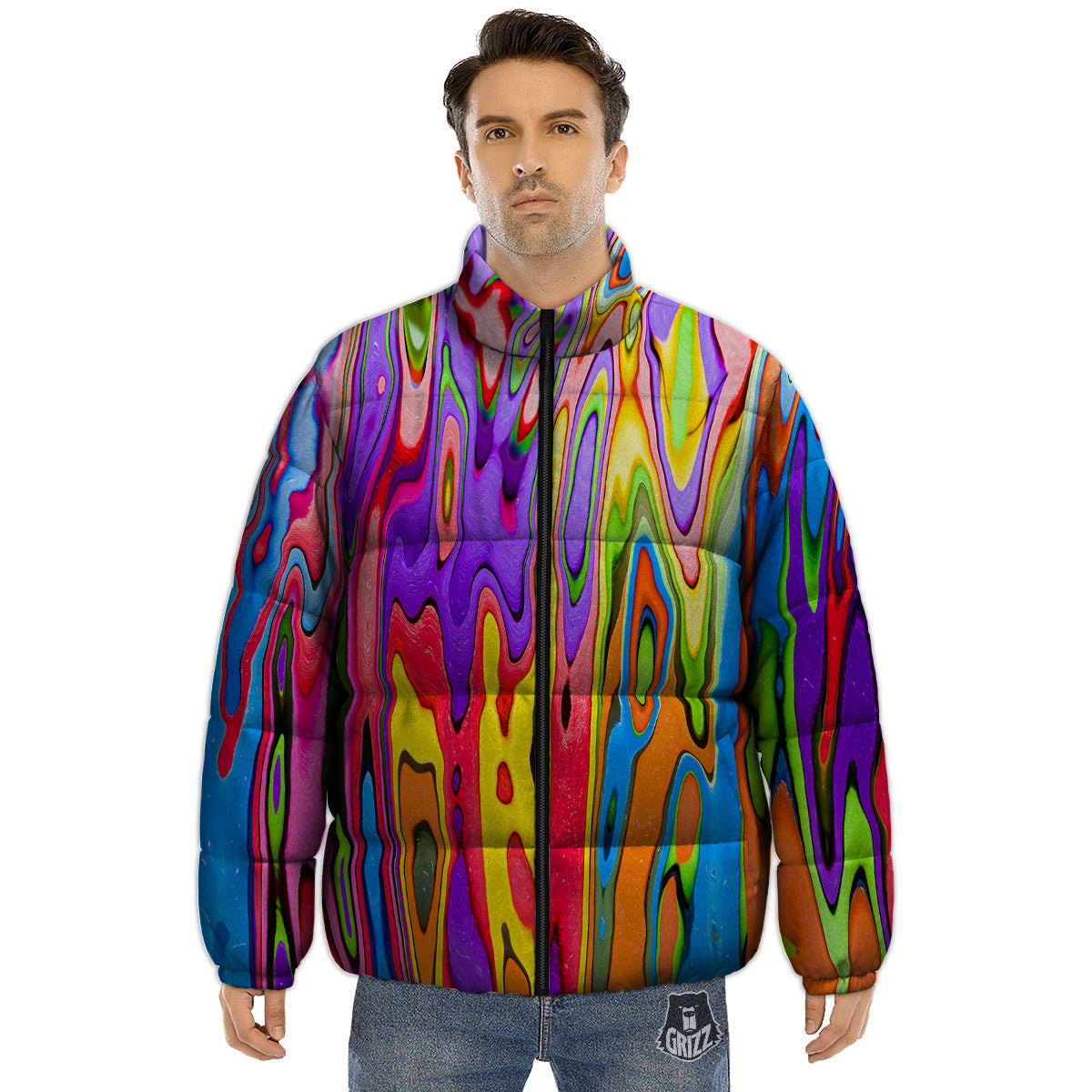 Psychedelic Colorful Print Puffer Jacket-grizzshop