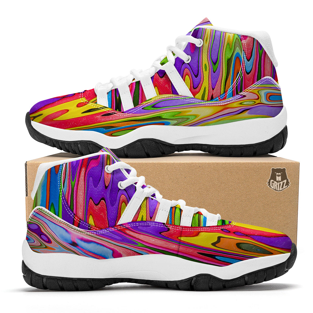 Psychedelic Colorful Print White Bball Shoes-grizzshop