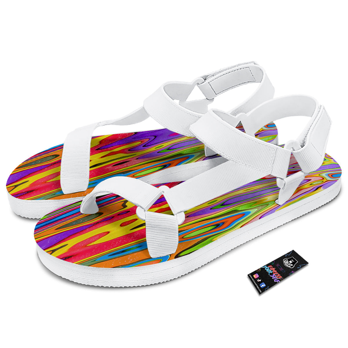 Psychedelic Colorful Print White Open Toe Sandals-grizzshop