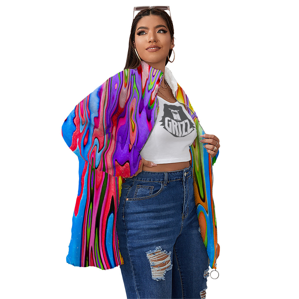 Psychedelic Colorful Print Women's Sherpa Jacket-grizzshop