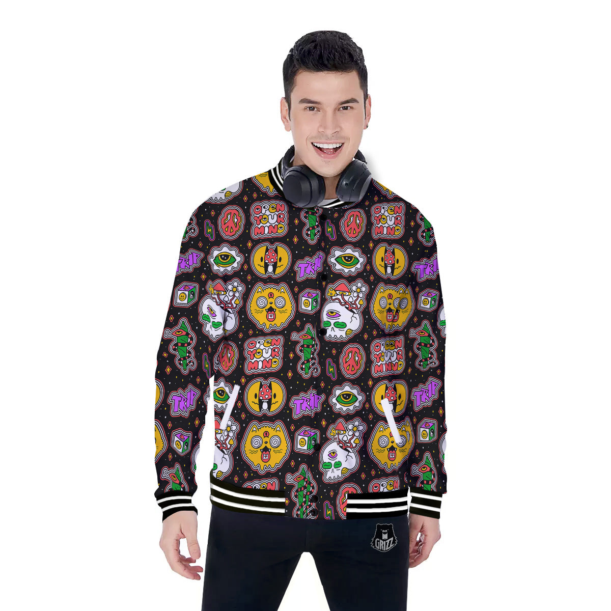 Psychedelic Funny Crazy Colorful Print Pattern Baseball Jacket-grizzshop
