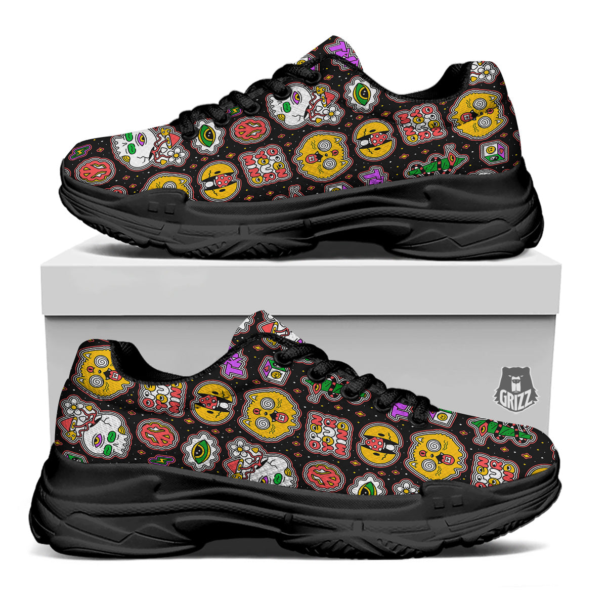 Psychedelic Funny Crazy Colorful Print Pattern Black Chunky Shoes-grizzshop
