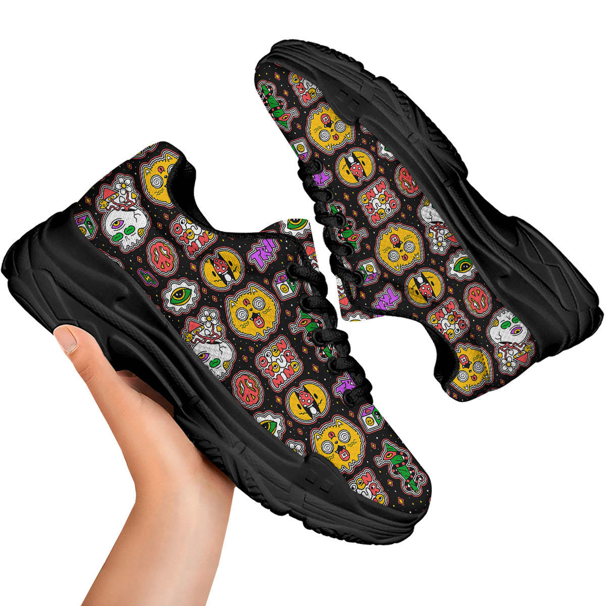 Psychedelic Funny Crazy Colorful Print Pattern Black Chunky Shoes-grizzshop