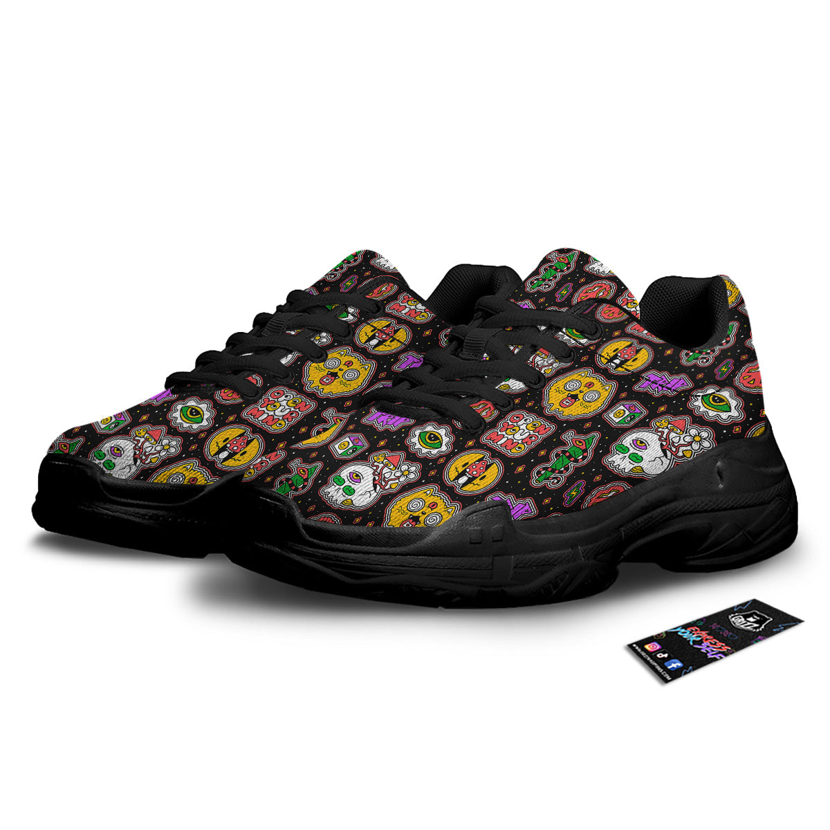 Psychedelic Funny Crazy Colorful Print Pattern Black Chunky Shoes-grizzshop