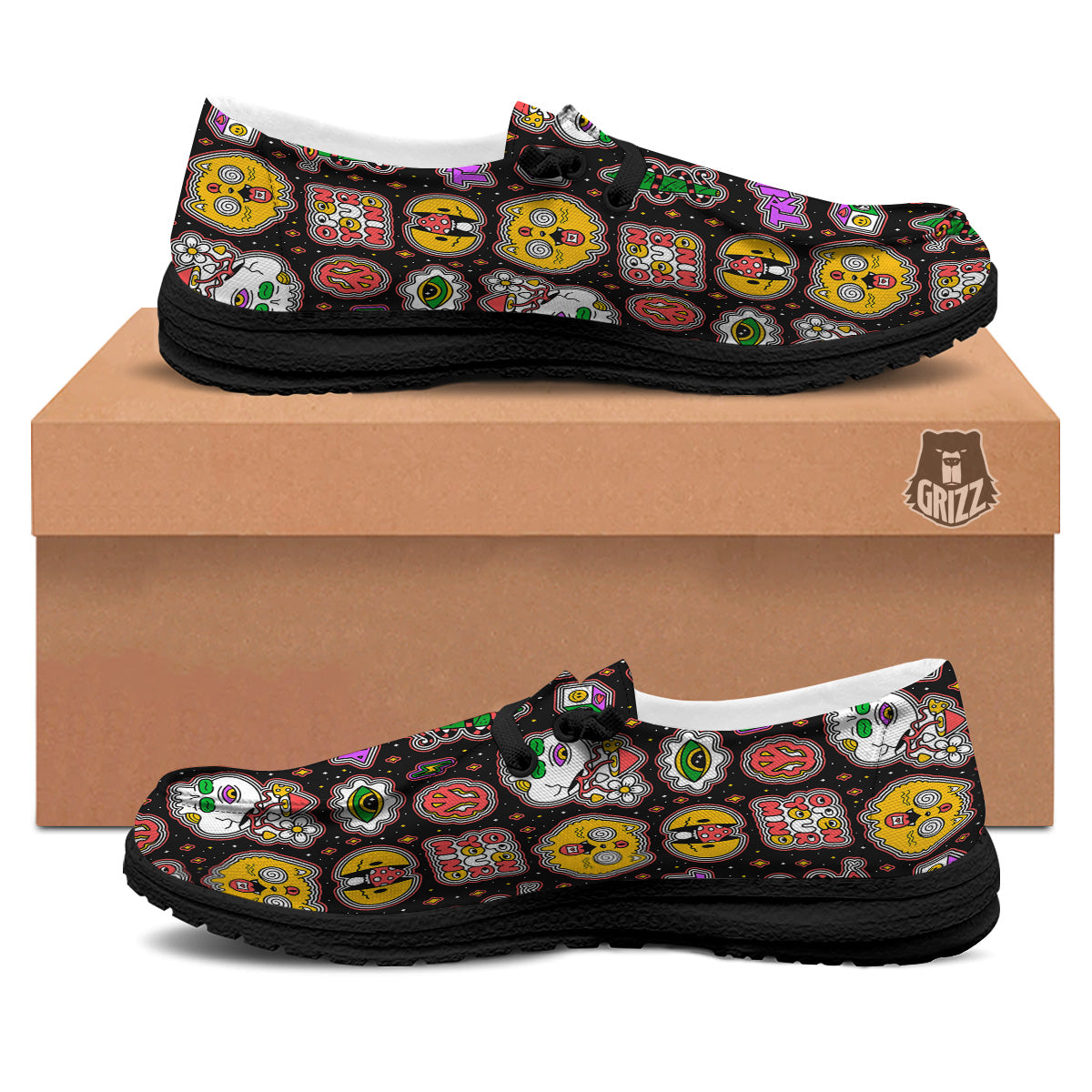 Psychedelic Funny Crazy Colorful Print Pattern Black Loafers-grizzshop