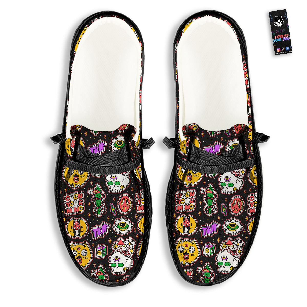 Psychedelic Funny Crazy Colorful Print Pattern Black Loafers-grizzshop