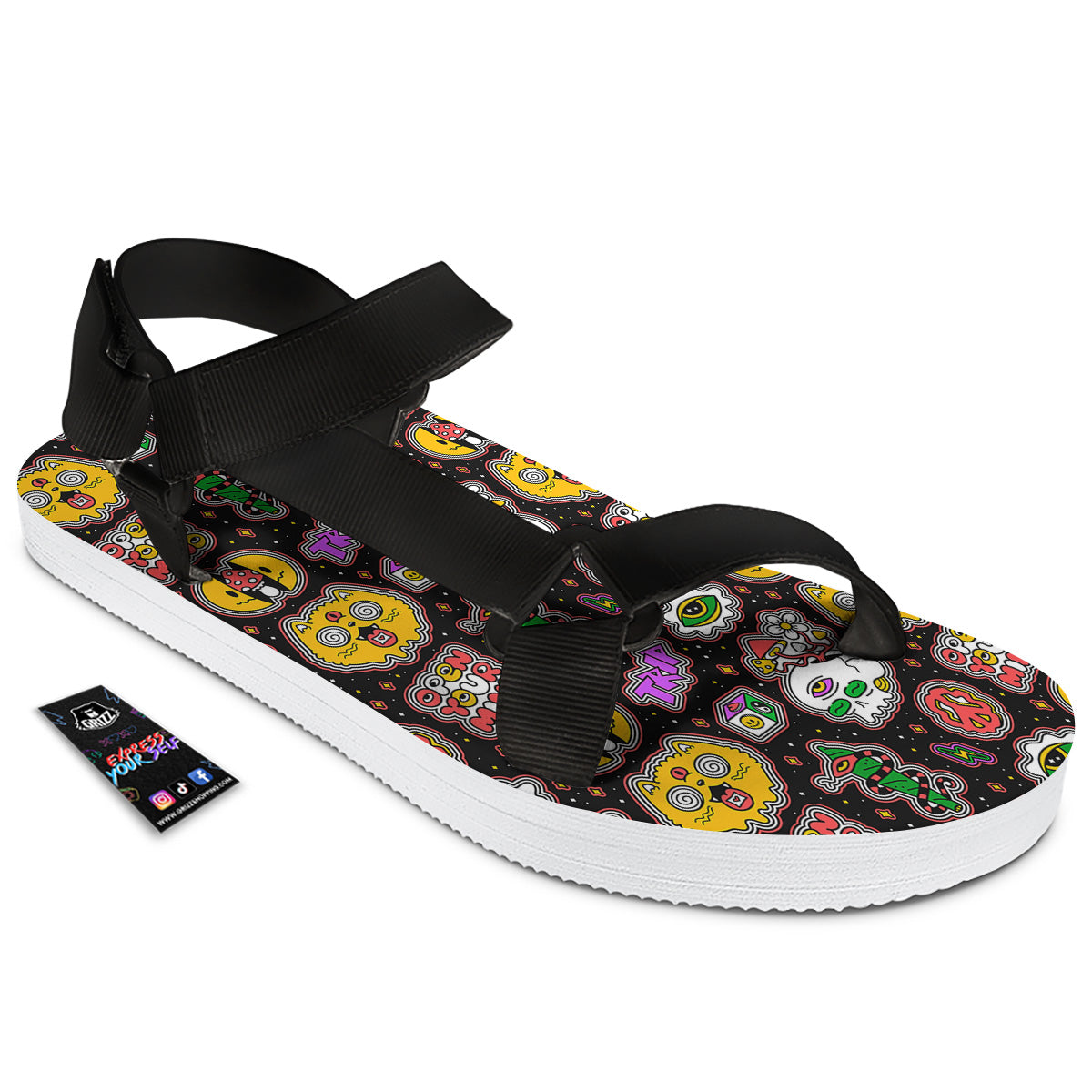 Psychedelic Funny Crazy Colorful Print Pattern Black Open Toe Sandals-grizzshop